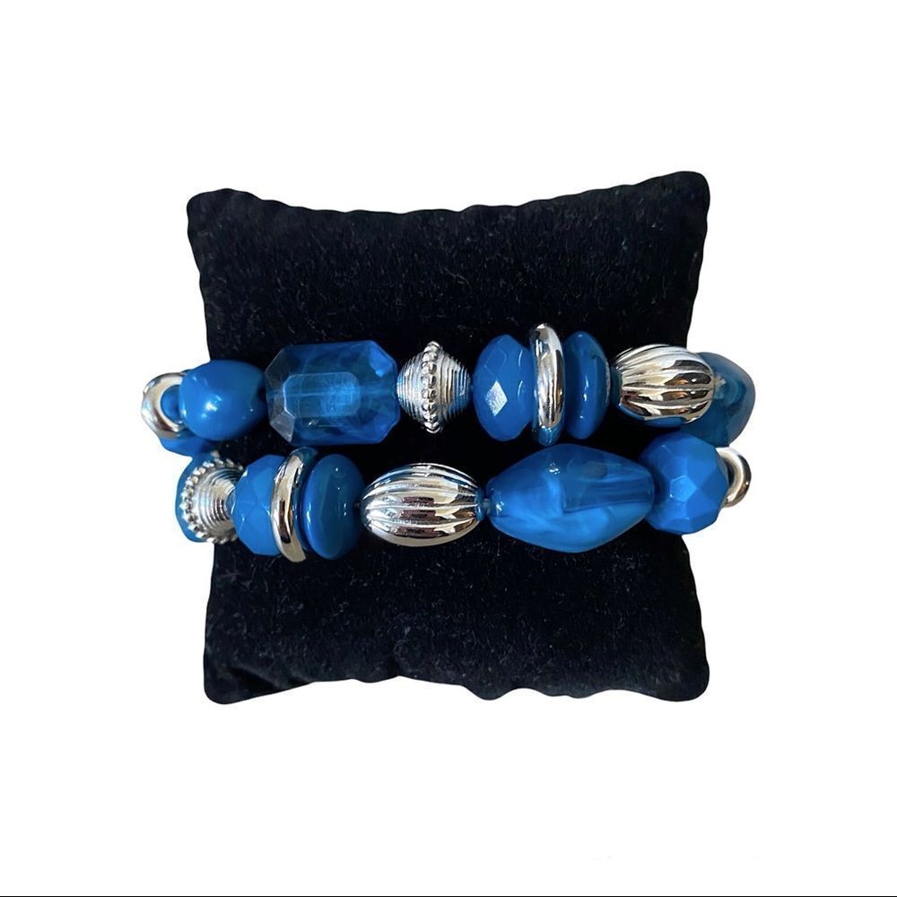 Beaded Stretch Bracelets Blue & Silver Set of 2 Women’s OSFM Costume Jewelry